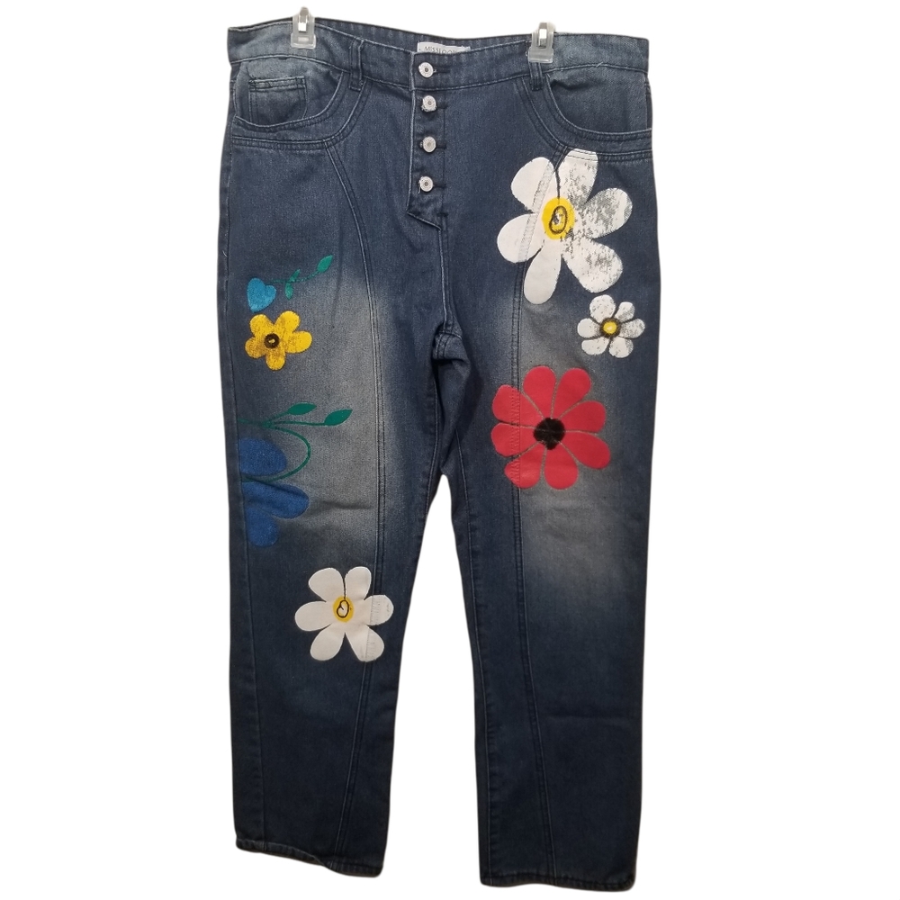 Misslook Baggy Boyfriend Jeans with Painted Floral Hippie Boho Design sz XXL